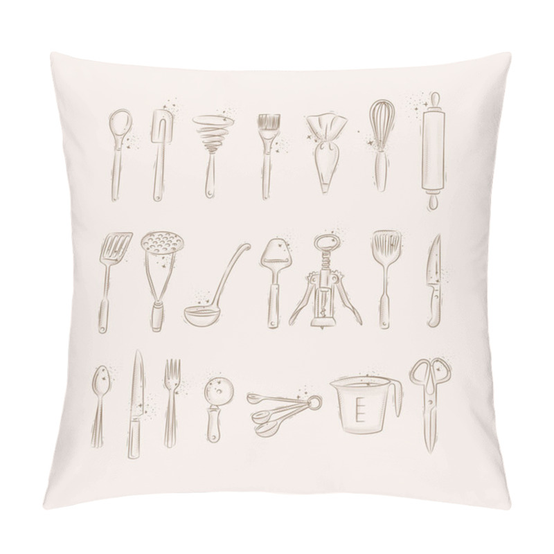 Personality  Kitchen Utensils To Prepare Food And Bakery Drawing In Graphic Style On Beige Background Pillow Covers