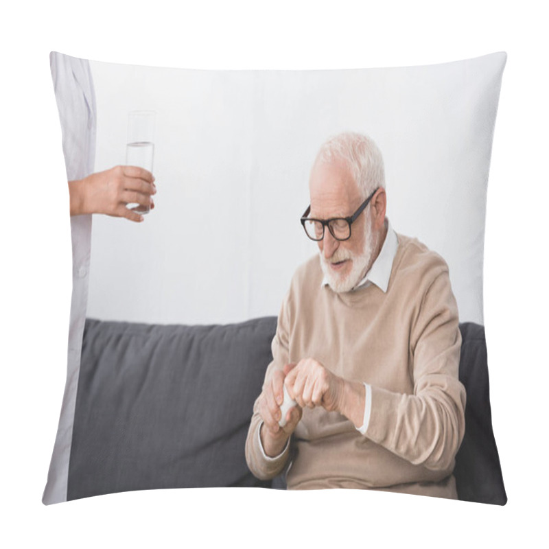 Personality  Aged Man Holding Pills While Medical Assistant Glass Of Water Pillow Covers