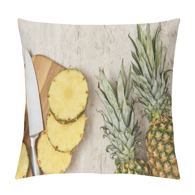 Personality  Top View Of Whole And Sliced Pineapples On Marble Table Pillow Covers