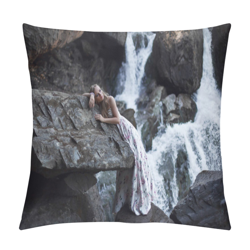 Personality  Girl On The Background Of A Waterfall In The Altai Mountains. Tale Of The River Nymph. Fairytale Photo Shoot. The Story Of Magic. Pillow Covers