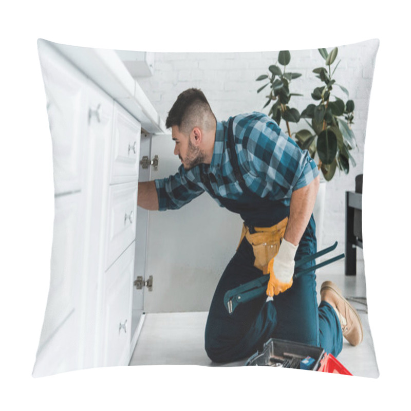 Personality  Selective Focus Of Bearded Man Working In Kitchen Near Toolbox With Instruments  Pillow Covers