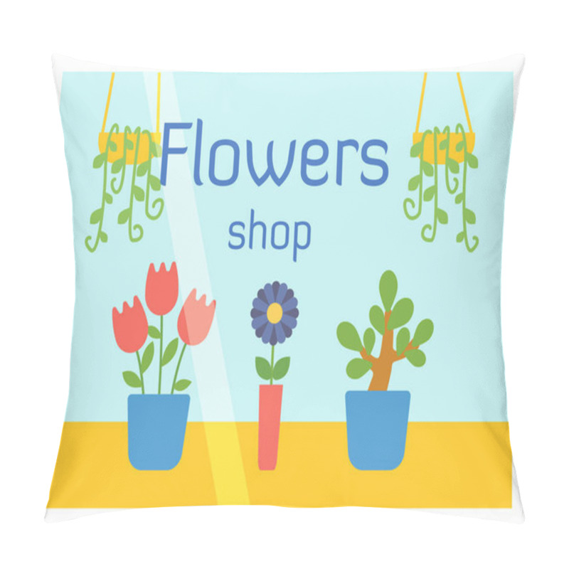 Personality  Flat Design Flowers Shop Facade Icon Store Modern Awning Architecture Window Exterior And Market Front Urban Business Showcase House Vector Illustration. Pillow Covers