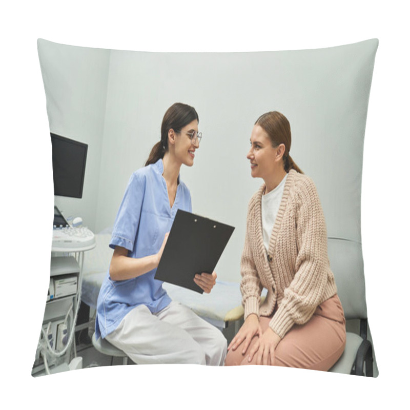 Personality  A Gynecologist Discusses Diagnostic Results With A Female Patient In A Contemporary Clinic. Pillow Covers