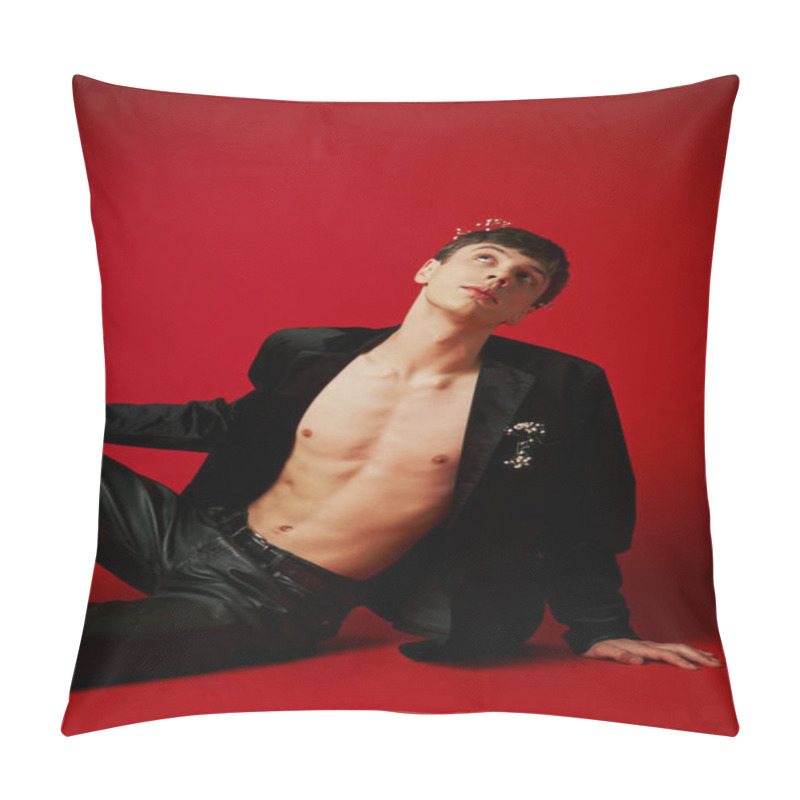 Personality  Dreamy And Fashionable Man In Velvet Jacket And Leather Pants Looking Up On Red Background Pillow Covers