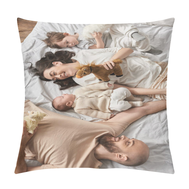 Personality  Top View Of Attractive Modern Parents Lying On Bed With Their Newborn Baby And Little Son, Family Pillow Covers