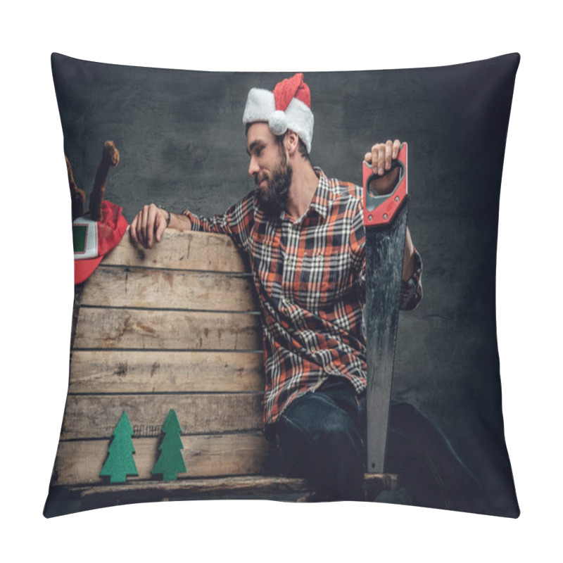 Personality  Bearded Carpenter Man In Santa's Hat  Pillow Covers