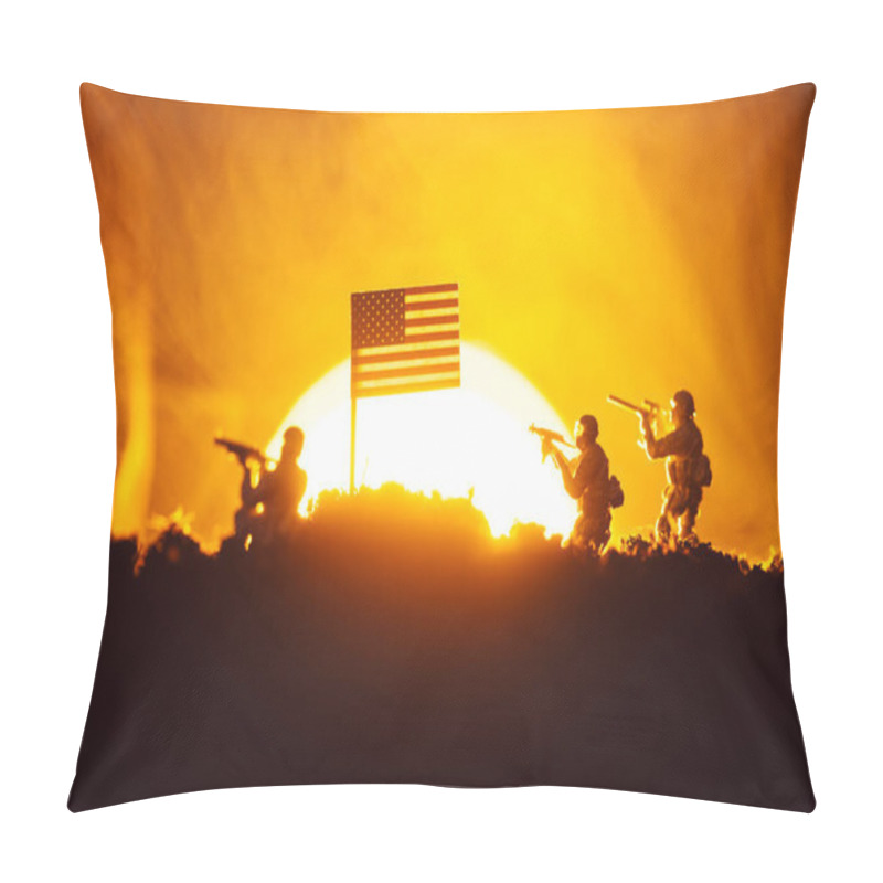 Personality  Battle Scene With Toy Warriors Near American Flag In Smoke With Sunset At Background Pillow Covers