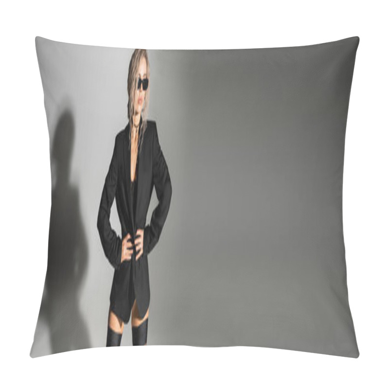 Personality  Sexuality And Style, Stunning Woman With Dyed Ash Blonde Hair Posing In Dark Sunglasses, Black Blazer And Stockings While Standing With Hands On Waist On Grey Background, Banner With Copy Space Pillow Covers