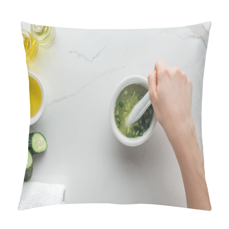 Personality  Partial View Of Woman Mixing Cut Cucumber With Oil In Pounder On White Surface Pillow Covers