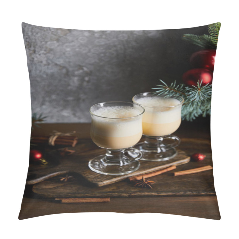 Personality  Traditional Eggnog Cocktail On Cutting Board Near Decorated Spruce Branches On Grey Stone Background Pillow Covers