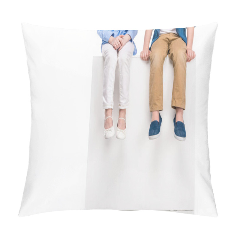 Personality  Cropped Shot Of Children Sitting On White Cube Isolated On White Pillow Covers