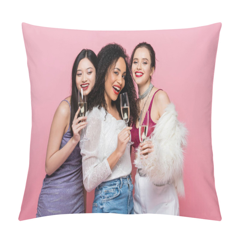 Personality  Positive Multicultural Women In Festive Clothes Holding Glasses Of Champagne Isolated On Pink  Pillow Covers