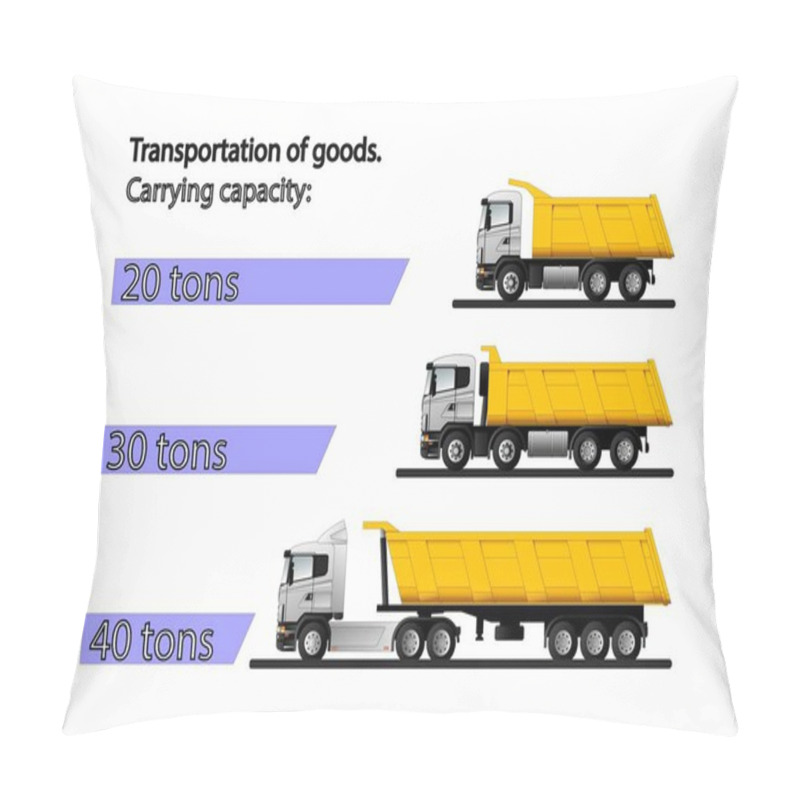 Personality  Infographics Of The Carrying Capacity Of Dump Trucks For The Transportation Of Bulk Cargo With A Carrying Capacity Of 20, 30 And 40 Tons. Flat Vector Illustration. Pillow Covers