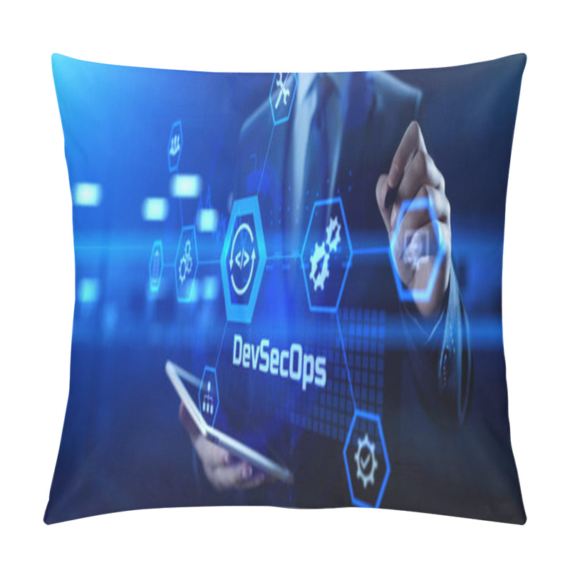 Personality  DevSecOps Software Development Cycle Programming Concept. Businessman Pressing Button. Pillow Covers