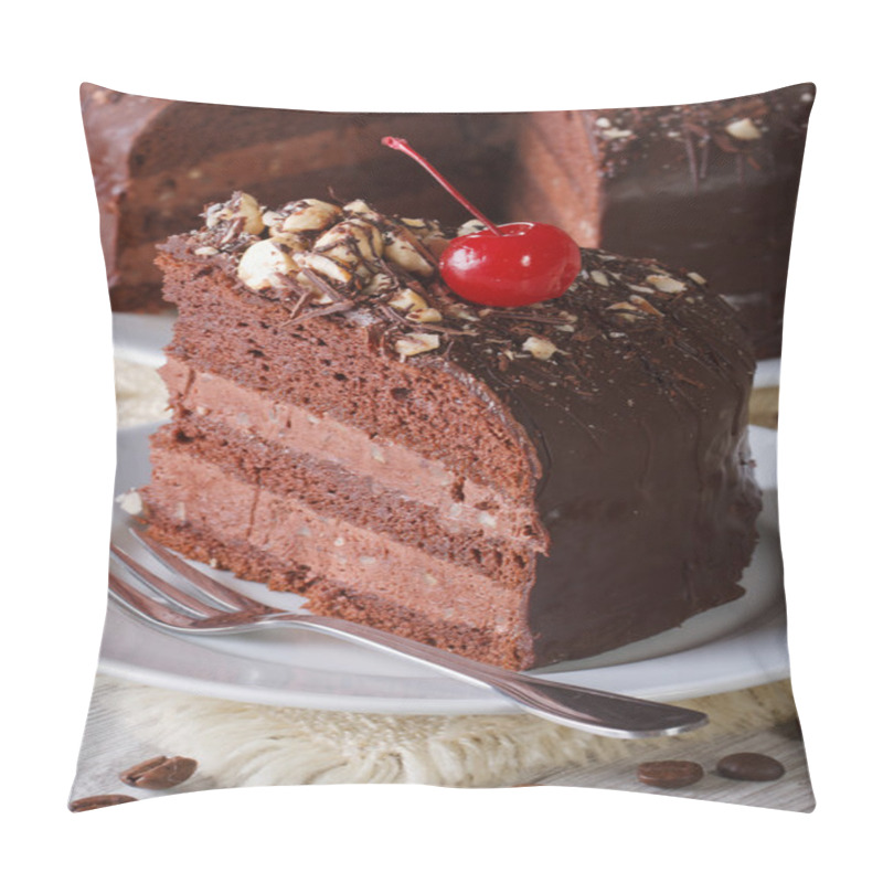 Personality  Cut A Piece Of Dark Chocolate Cake Vertical Macro Pillow Covers