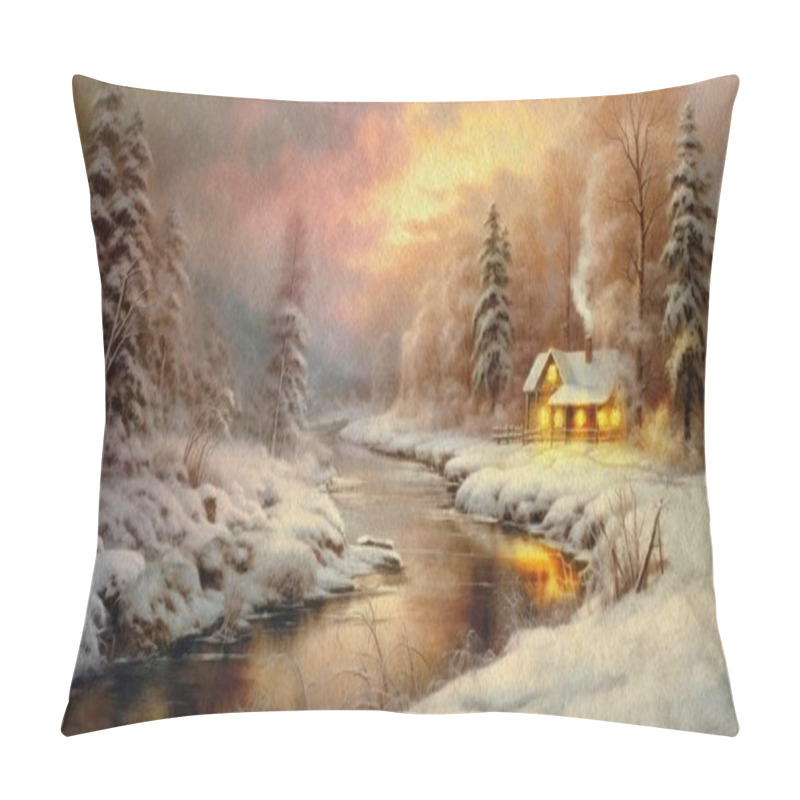 Personality  Watercolor Paintings Rural Landscape, River In The Forest, Winter Landscape, Fire In Windows, Old House The Forest Pillow Covers