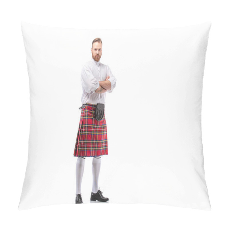 Personality  Serious Scottish Redhead Bearded Man In Red Tartan Kilt With Crossed Arms On White Background Pillow Covers