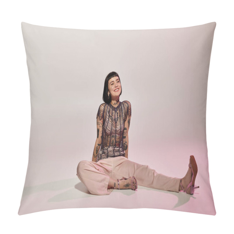 Personality  A Fashionable Young Woman Showcases Her Tattoos While Sitting Playfully. Pillow Covers