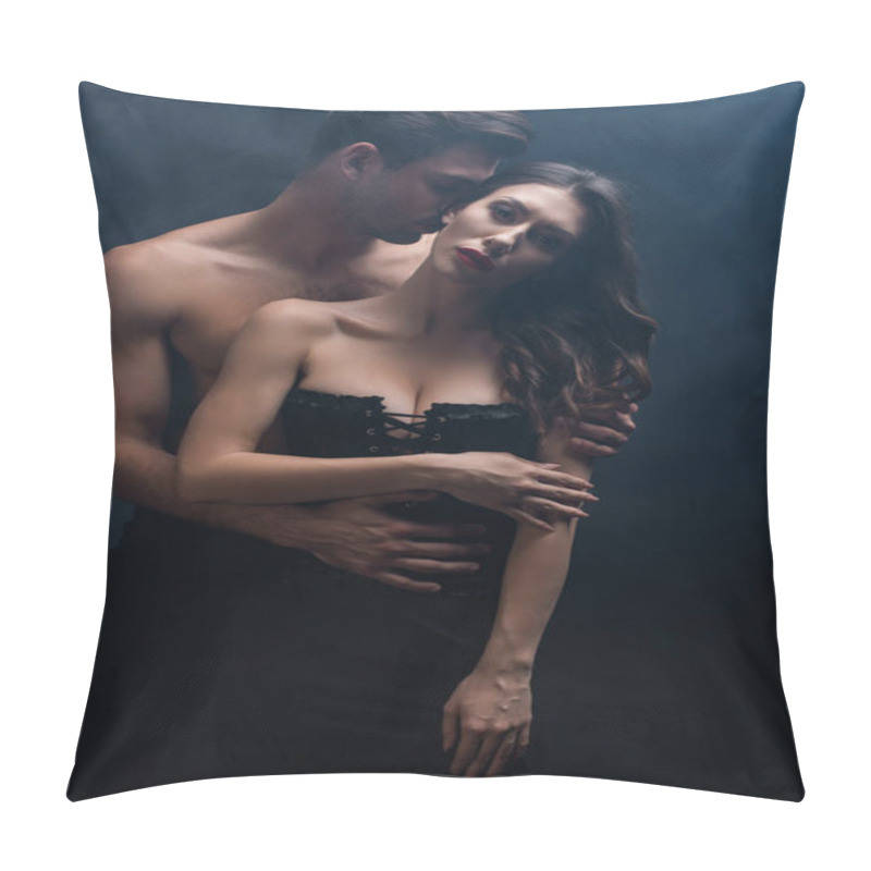 Personality  Muscular Man Hugging Beautiful Woman Looking At Camera On Black Background With Smoke Pillow Covers