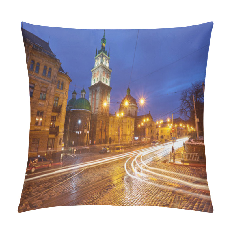 Personality  Scenic View On Illuminated Assumption Church Bell Tower At Twilight With Vintage Tram On Foreground, Lviv, Ukraine. Night Winter Scenery. Pillow Covers