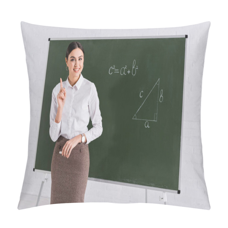 Personality  Positive Teacher Pointing With Finger During Mathematic Lesson In School  Pillow Covers