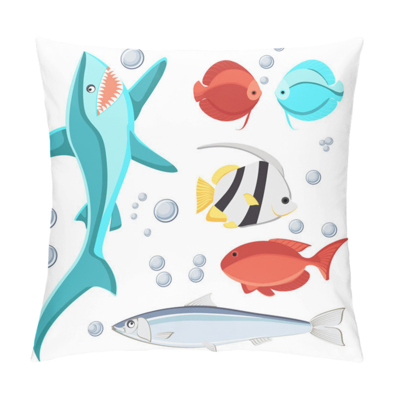 Personality  Cartoon Style Fish And Water Bubbles. Shark, Sardine, Discus, Zebrasoma, Butterfly Fish, Isolated On White Background. Pillow Covers