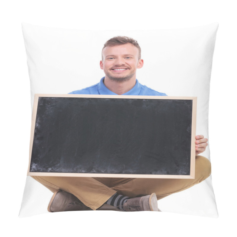 Personality  Young Seated Man Holds A Blank Blackboard  Pillow Covers