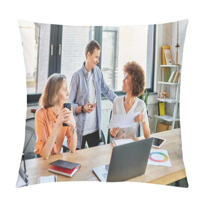 Personality  Group Of Diverse, Hardworking Women Discussing Strategy At A Wooden Table. Pillow Covers