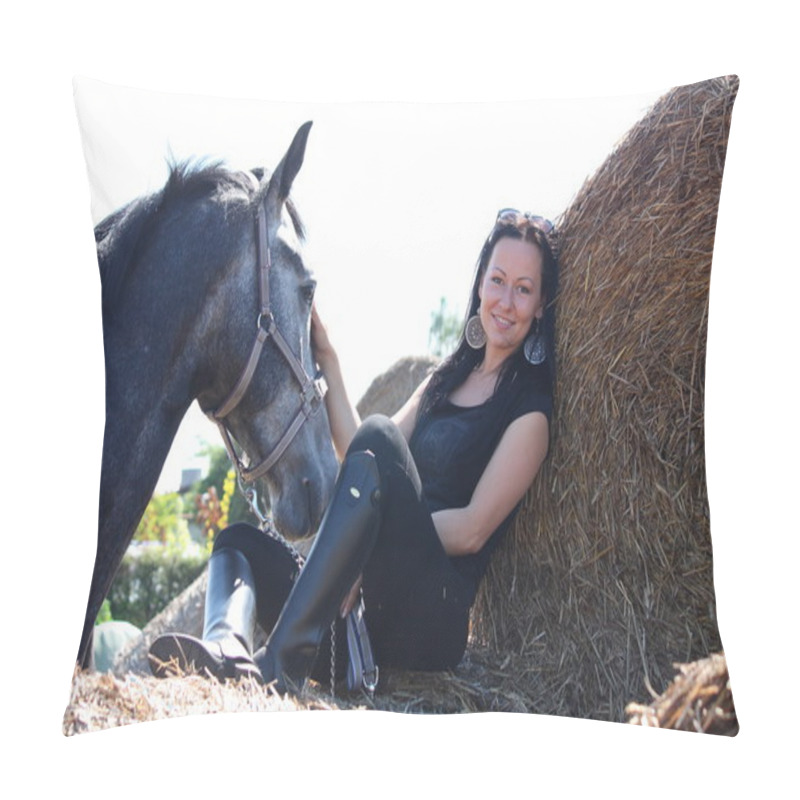 Personality  Beautiful Woman Sitting On Hay Bale And Gray Horse Pillow Covers