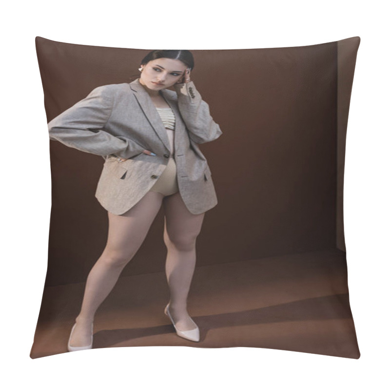 Personality  Young Model In Underwear And Blazer Standing On Brown Background, Looking Away Pillow Covers