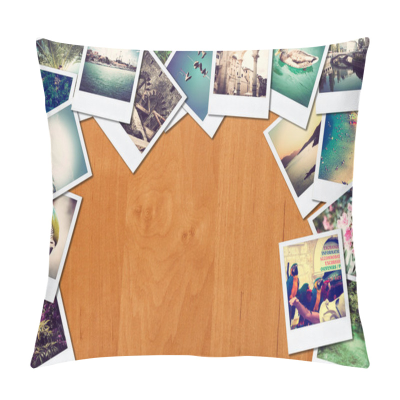 Personality  Frame With Old Paper And Photos On Wooden Background. Pillow Covers