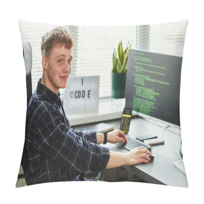 Personality  Portrait Of Young Programmer Looking At Camera While Sitting At His Workplace With Computer Monitor And Writing Codes Pillow Covers