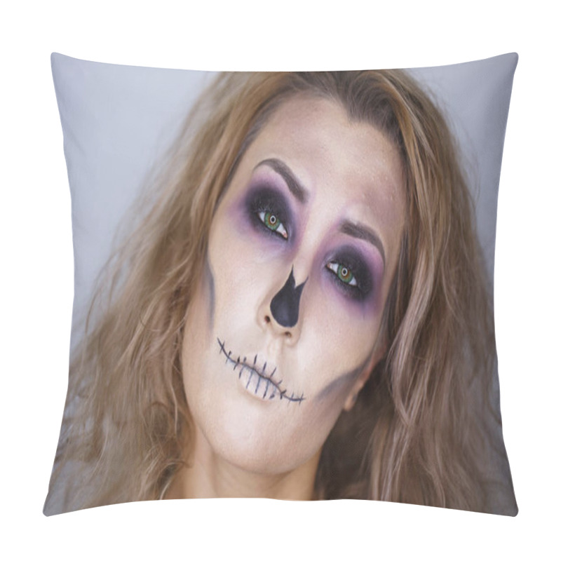 Personality  Halloween. Portrait Of Young Beautiful Girl With Make-up Skeleton On Her Face Pillow Covers