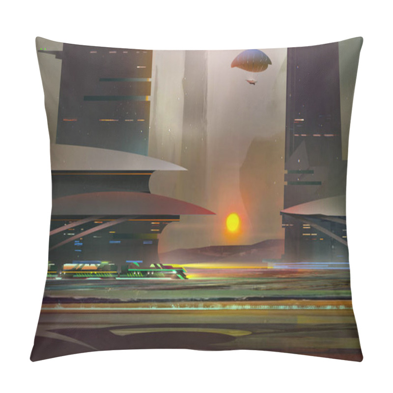 Personality  Drawn Fantastic Landscape Of The Future With Architecture. Evening Of Cyberpunk. Pillow Covers