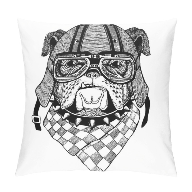 Personality  Dog, Bulldog Wearing A Motorcycle, Aero Helmet. Hand Drawn Image For Tattoo, T-shirt, Emblem, Badge, Logo, Patch. Pillow Covers