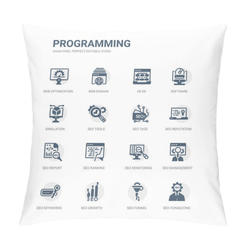 Personality  Simple Set Of Icons Such As Seo Consulting, Seo Funnel, Seo Growth, Keywords, Management, Monitoring, Ranking, Report, Reputation, Tags. Related Programming Icons Collection. Editable 64x64 Pixel Pillow Covers