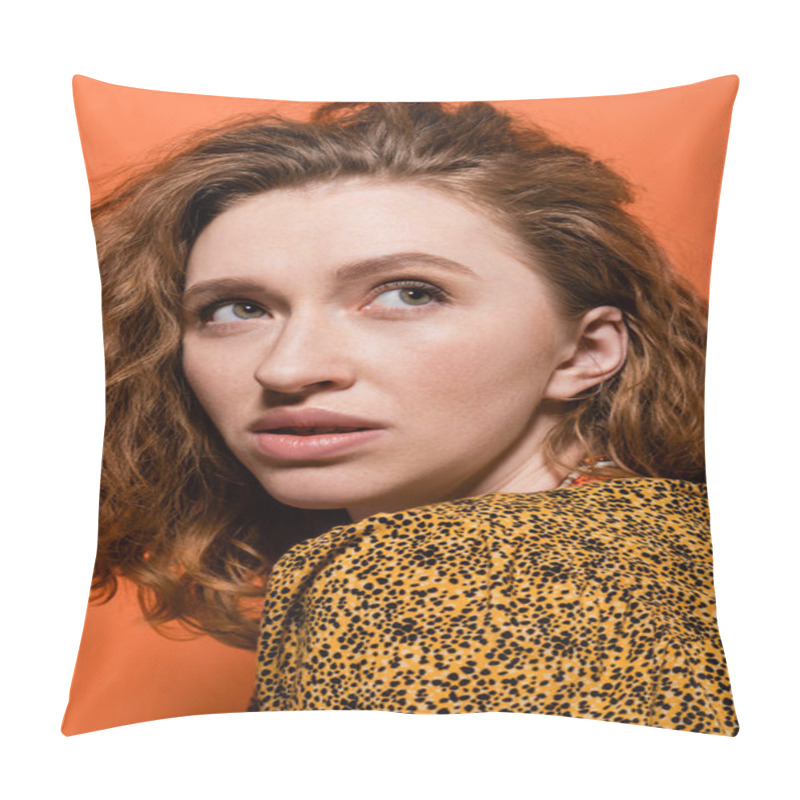 Personality  Portrait Of Young Red Haired Woman With No-makeup Look Wearing Yellow Blouse With Abstract Pattern And Looking Away Isolated On Orange, Stylish Casual Outfit And Summer Vibes Concept, Youth Culture Pillow Covers