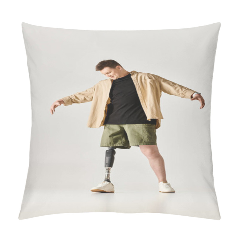 Personality  A Handsome Man With A Cast On His Leg Strikes A Poised And Active Pose. Pillow Covers