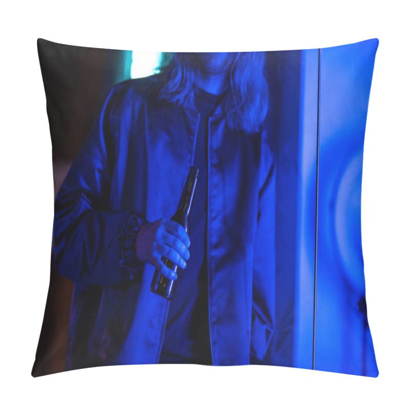 Personality  Cropped Shot Of Young Man With Bottle Of Beer Under Blue Light On Street At Night Pillow Covers