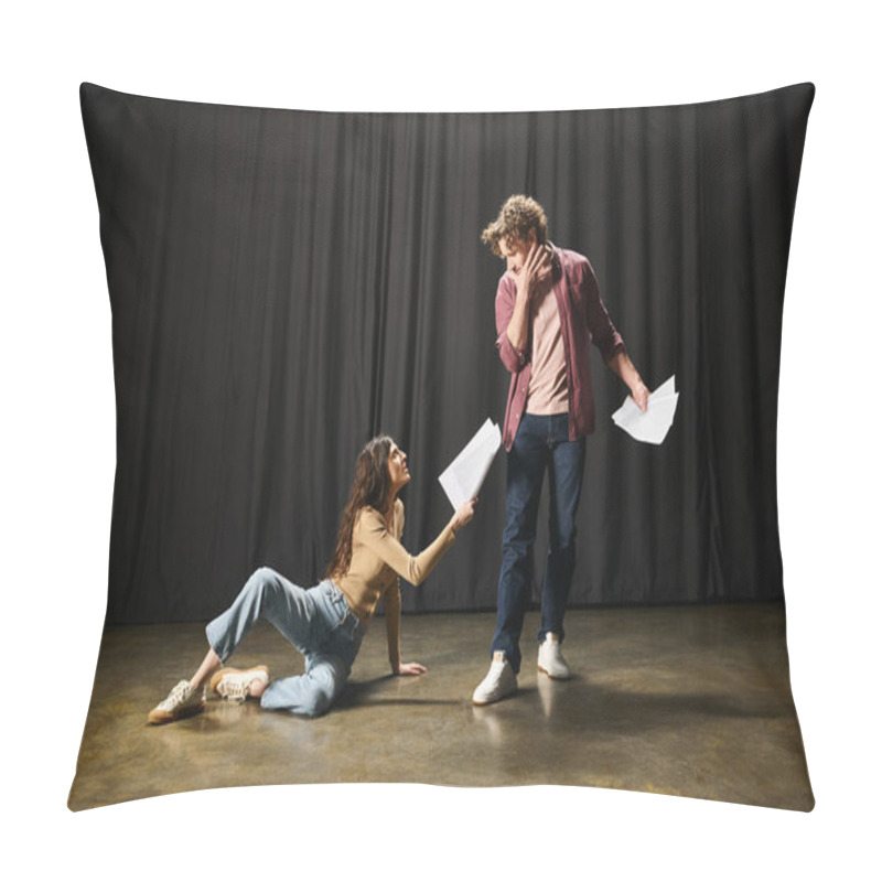 Personality  A Man Kneels Next To A Woman On The Ground During Theater Rehearsals. Pillow Covers