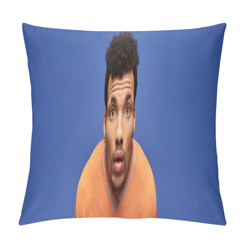 Personality  A Handsome Man Poses Thoughtfully Against A Bright Blue Backdrop, Radiating Charm. Pillow Covers