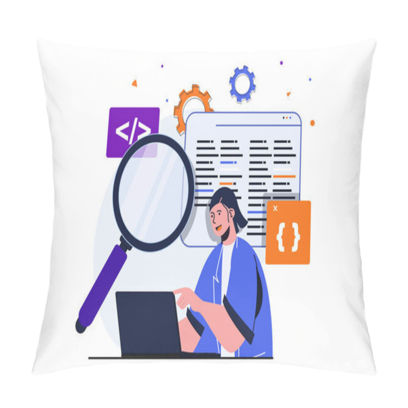 Personality  App Development Modern Flat Concept For Web Banner Design. Female Developer Does Marketing Research, Works With Code And Scripts, Settings And Optimizes. Vector Illustration With Isolated People Scene Pillow Covers