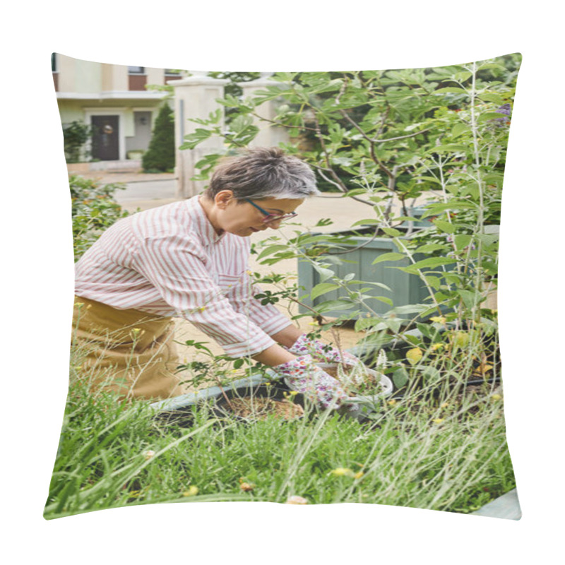 Personality  Attractive Happy Mature Woman With Glasses Working In Her Vivid Green Garden And Smiling Joyfully Pillow Covers