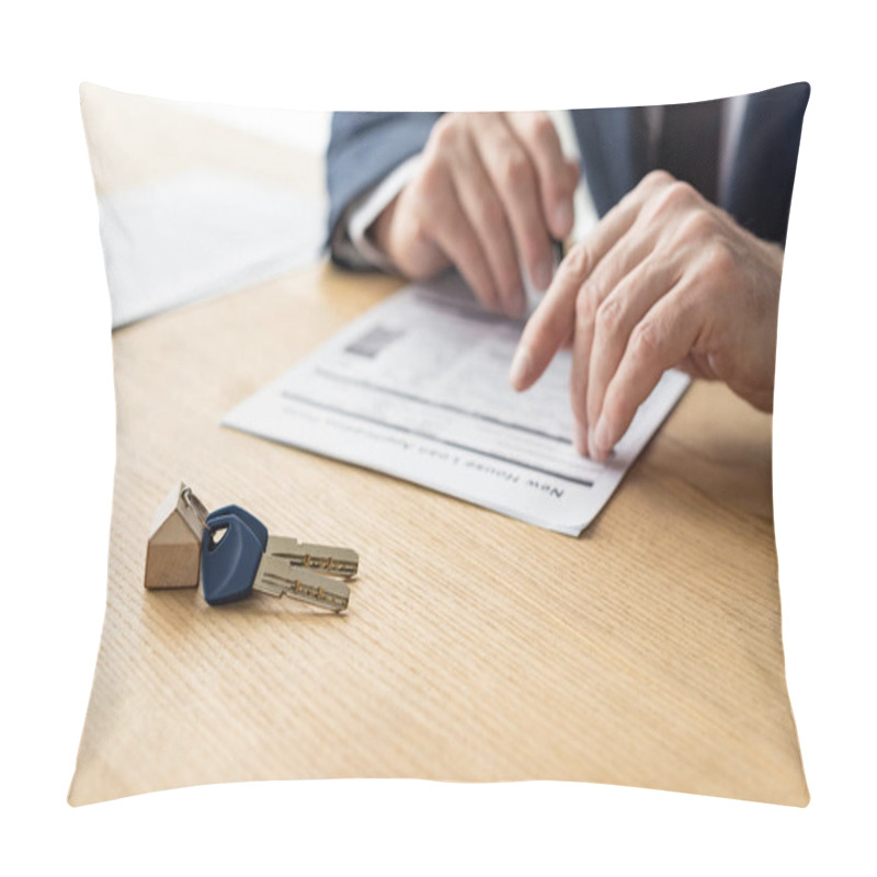 Personality  Selective Focus Of House Dealer Holding Pen Near Contract And Car Key  Pillow Covers