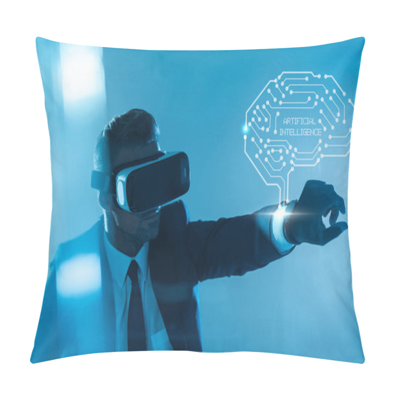 Personality  Businessman In Virtual Reality Headset With Brain Isolated On Blue, Artificial Intelligence Concept Pillow Covers