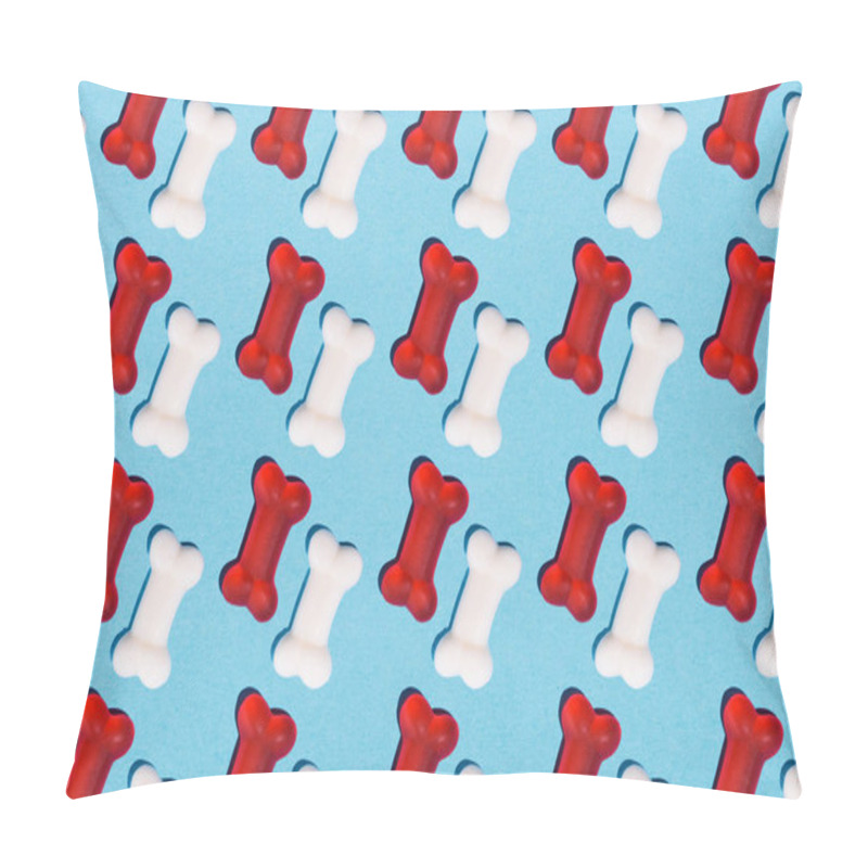 Personality  Top View Of Red And White Gummy Candies In Shape Of Bones Pattern On Blue Pillow Covers