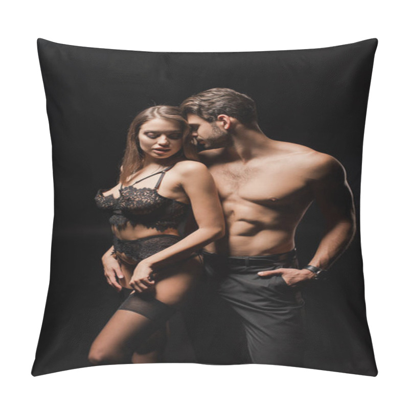 Personality  Handsome Man Standing With Hand In Pocket Near Seductive Girl On Black  Pillow Covers