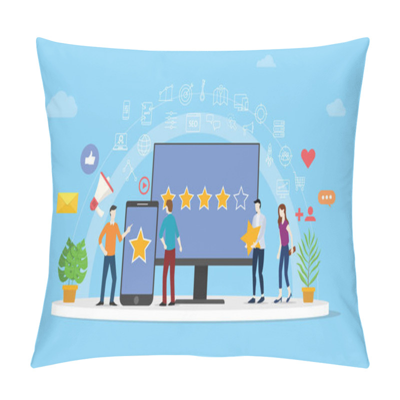 Personality  Online Reputation Management Team Working Together For Customer Review Rating Star With People Work Together To Manage - Vector Illustration Pillow Covers