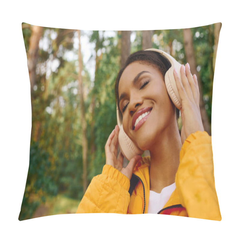 Personality  A Young Woman Smiles Joyfully In A Vibrant Forest, Embracing The Autumn Air While Listening To Music. Pillow Covers