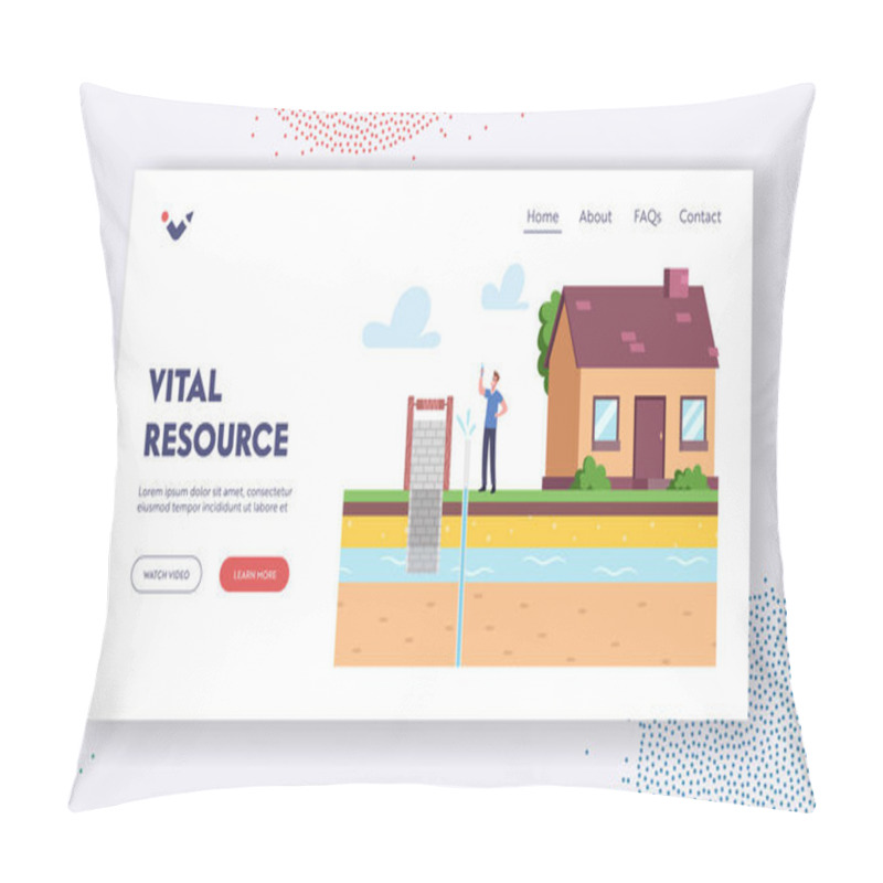 Personality  Resource Extraction Landing Page Template. Male Character At House Front Yard Hold Flask Testing Artesian Groundwater Pillow Covers